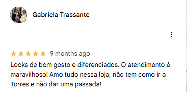 Avaliação de Gabriela Trassante sobre a Hip Chick no Google